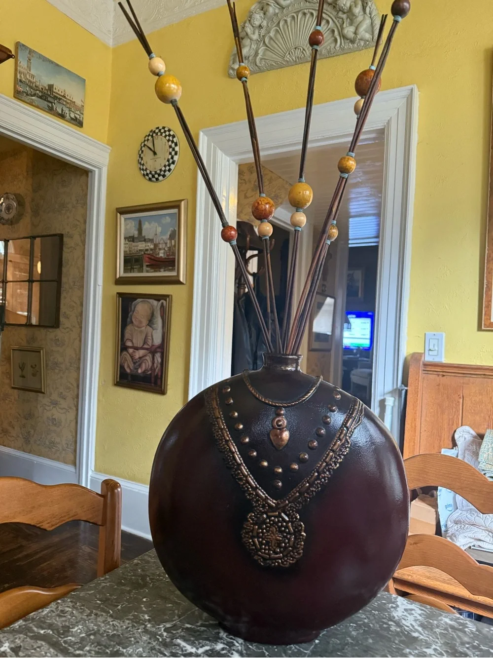 Round Decorative Floor Vase with Bronze Accents - Brown